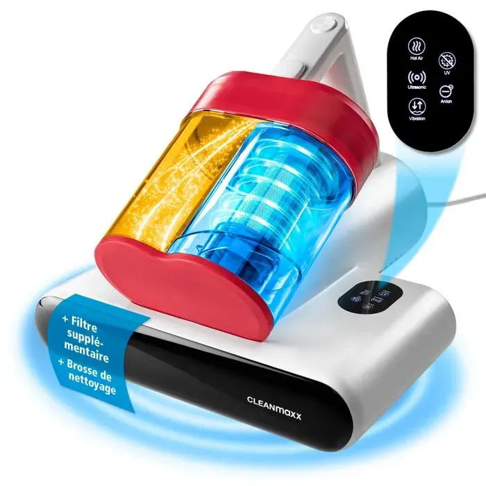CLEANmaxx Aspirateur dacariens Rotation rouge/blanc - élimine 999% des acariens UV-C 13 kPa