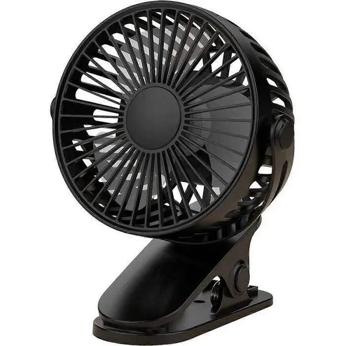 Clip-on fan USB rechargeable portable for outdoor use silent operation three adjustable fan speeds.
