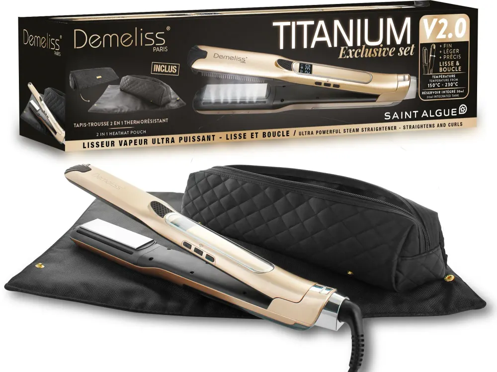 Coffret lisseur vapeur + tapis trousse 2-en-1 - SAINT ALGUE - Demeliss Exclusive Set Tita V2 - Titanium - Gold