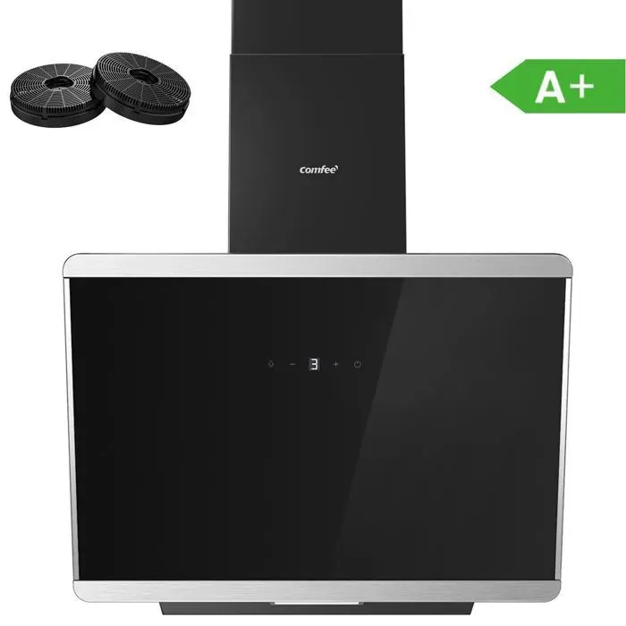 Comfee Hotte Aspirante Inclinée 60cm 420m³/h Classe A+ BLDC Moteur 3 Vitesses 2 Filtres Commandes Sensitivesn Verre Noir