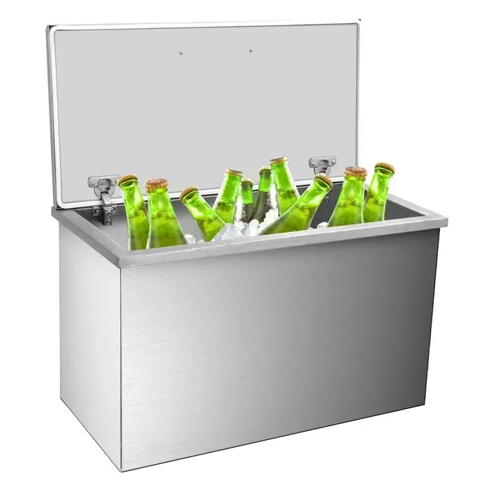 Congélateur coffre 106 L glacière encastrable en inox Bac à glace avec couvercle à charnière et bonde de vidange 71x35x43cm