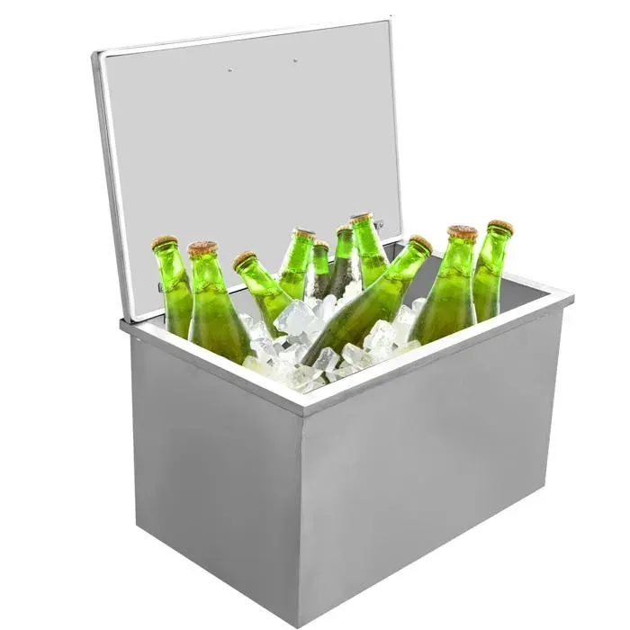 Congélateur coffre 137 L glacière encastrable en inox Bac à glace avec couvercle à charnière et bonde de vidange 71x45x43cm