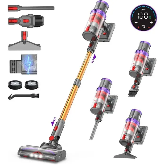 coovy SU7 Aspirateur Balai sans Fil 580W55Kpa75Mins Aspirateur sans Fil Puissant Chargement Mural Ecrans Tactiles LED 13L Cap