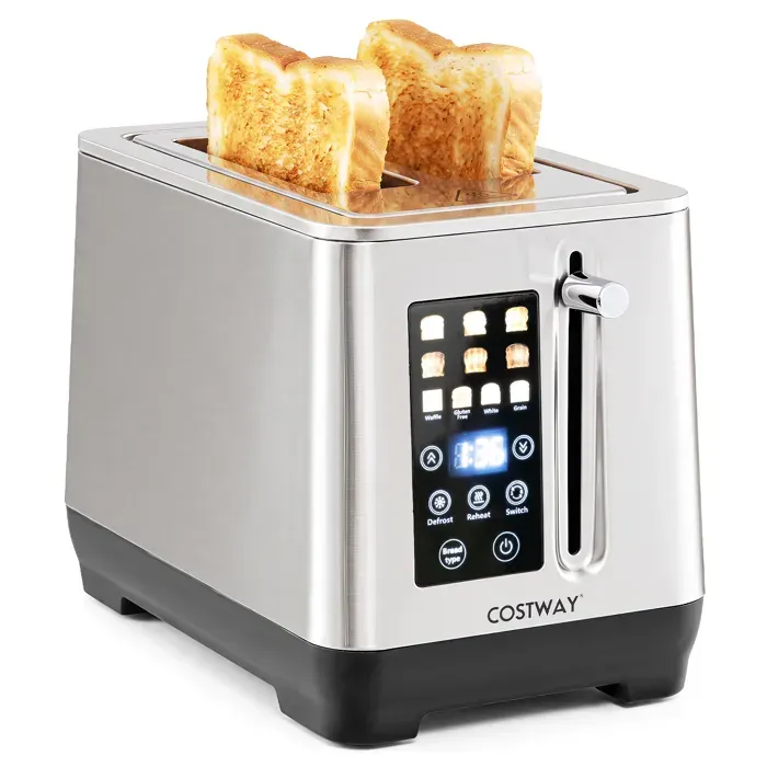 COSTWAY 1000W Grille-Pain avec 2 Fentes 14 x 4 cm Écran Tactile LED 6 Niveaux de Dorage Tiroir Ramasse-Miettes Acier Inoxydable