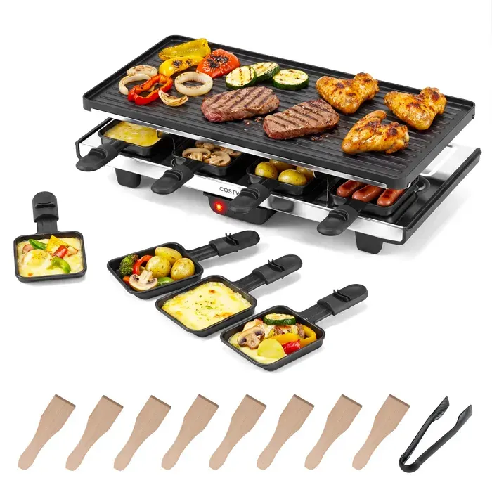 COSTWAY 1400w Plancha Electrique avec Double Surface 8 Poêlons 8 Spatules en Bois et Pince Température Réglable pour Fête