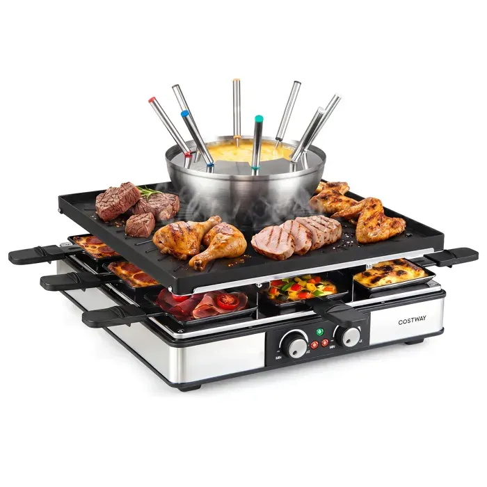COSTWAY 1800W Plancha Electrique Raclette et Fondue avec Double Thermostat Réglable Plaque Double Face pour Fête Réception