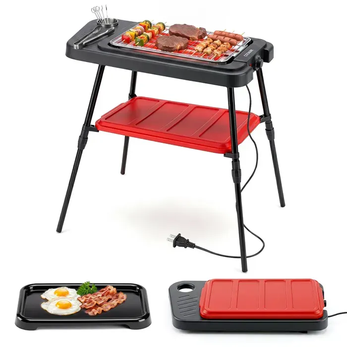 COSTWAY 2000W Barbecue Électrique 2 en 1 avec Plaque de Cuisson & Grille Réglable en Hauteur pour Camping Pique-nique Fête