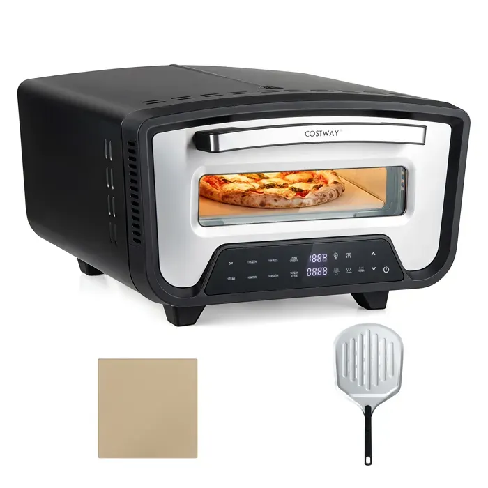 COSTWAY 2200W Four à Pizza Électrique avec Écran Tactile 2 Zones Chauffe 455°C Minuterie 1-60 Min Pierre et Pelle