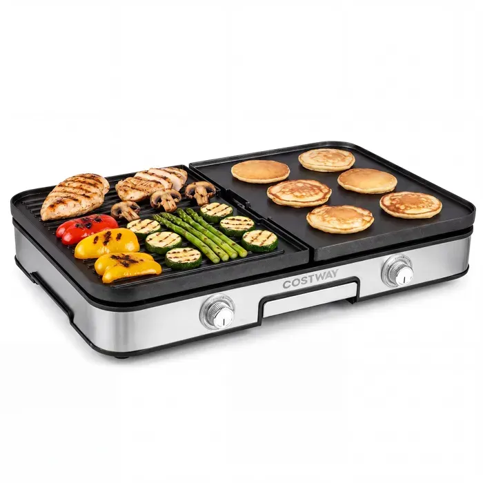 COSTWAY 3 en 1 Plancha Electrique 2000W avec 2 Plaques Réversibles Bac à Graisse Amovible Lave-Vaisselle Pique Niques&Camping