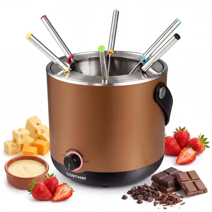 COSTWAY 800W Appareil à Fondue Électrique 2L - Thermostat Réglable et 6 Fourchettes Colorées Acier Inoxydable Chocolat Fromage