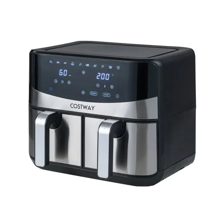 COSTWAY 8L Friteuse à Air Chaud Double Panier avec 2 Tiroirs 10 Programmes Écran Tactile Numérique Air Chaud à 360° 2100 W Noir