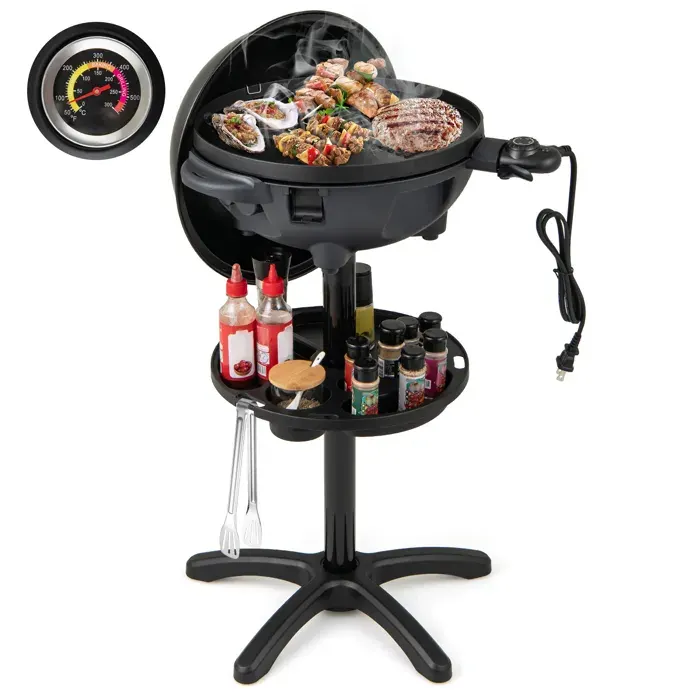 COSTWAY Barbecue Electrique 1200 W pour Intérieur Extérieur Plaque Antiadhésive à 2 Zones Température Réglable Support Amovible