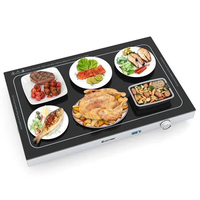 COSTWAY Chauffe Plat Électrique 300W - Plateau en Verre Trempé Thermique 50 x 29 cm-Max 120° 4 coussinets en silicone pour Fêtes