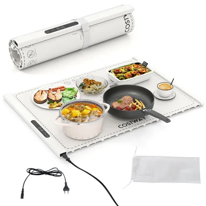 COSTWAY Chauffe Plat Électrique Pliable avec Température Minuterie Réglables Arrêt Automatique 3 réglages de température Blanc