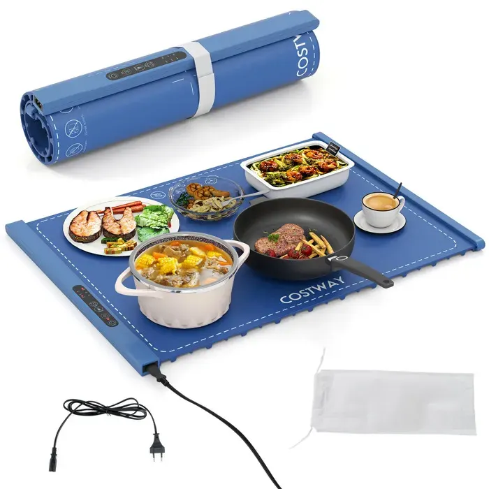 COSTWAY Chauffe Plat Électrique Pliable avec Température Minuterie Réglables Arrêt Automatique 3 réglages de température Bleu