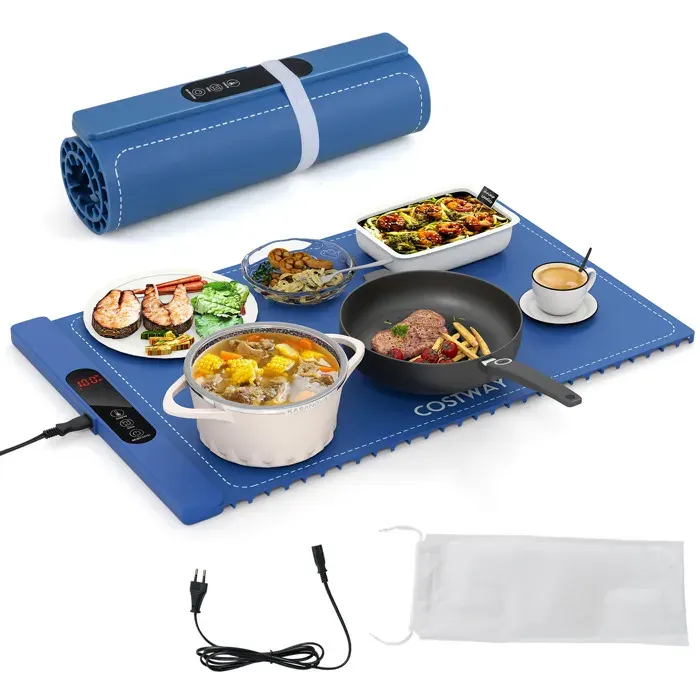 COSTWAY Chauffe Plat Électrique Pliable avec Température Minuterie Réglables Arrêt Automatique 6 réglages de température Bleu