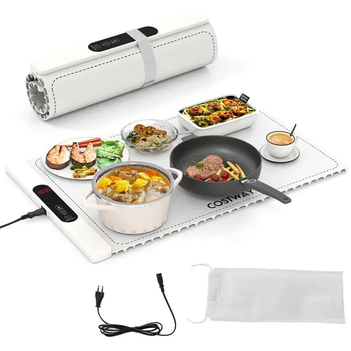 COSTWAY Chauffe Plat Électrique Pliable avec Température Minuterie Réglables Arrêt Automatique 6 réglages de température Blanc