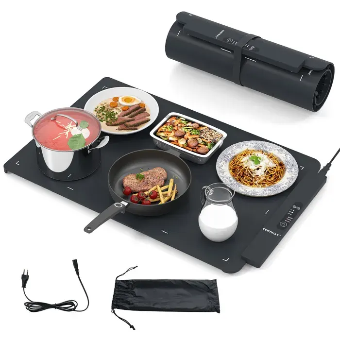 COSTWAY Chauffe Plat Électrique Pliable avec Température Réglable et Minuterie Arrêt Automatique pour Fêtes Buffets Réunions