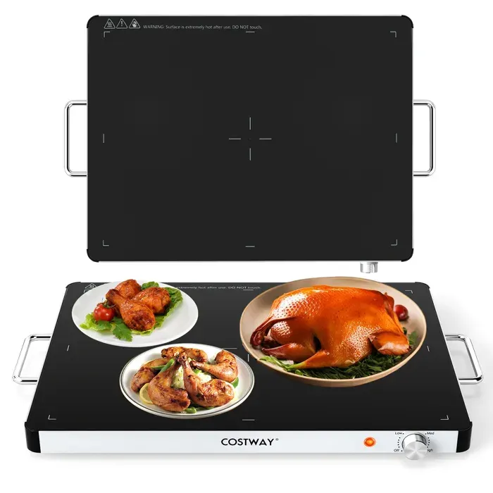 COSTWAY Chauffe Plat Électrique - Température Réglable Poignées Anti-Brûlure Verre Trempé pour Fêtes Buffets Vacances 53x40 CM