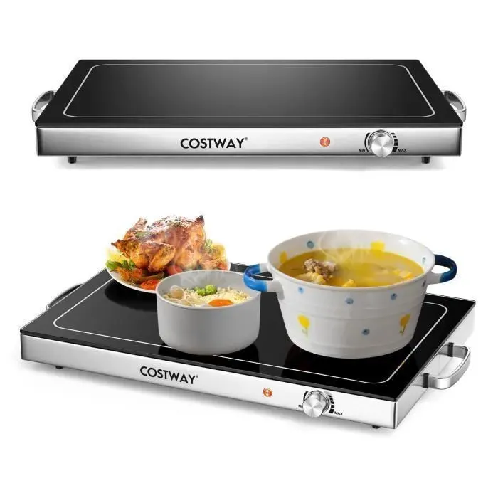 COSTWAY Chauffe-Plats Buffet Electrique 300W - Plateau en Verre Trempé Thermique 56 x 36 cm-50°-120° Poignées Tactiles Froides