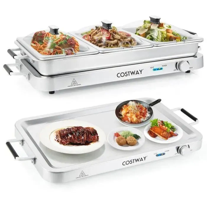 COSTWAY Chauffe-Plats Électrique 2 en 1 -450 W-Acier Inox.-Température Réglable 50-150 °C-3 Plateaux 3 x 3L-Pieds Antidérapants