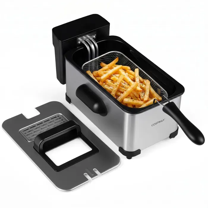 COSTWAY Friteuse Électrique 3L 2000W avec Panier Écran LED 6 Programmes Contrôle du Temps Fenêtre Pratique Cuve Émaillée