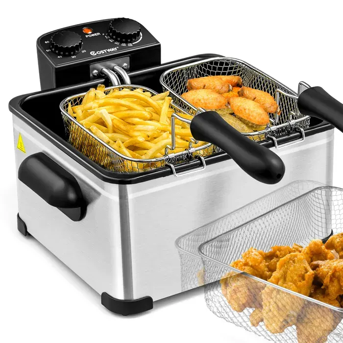 COSTWAY Friteuse Électrique 5L 1700 W avec 3 Paniers Contrôle du Temps et de la Température Inox Poignée Antidérapante