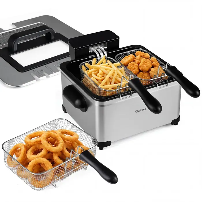 COSTWAY Friteuse Électrique 5L 2000W avec 3 Paniers Écran Tactile LED 6 Programmes Acier Inoxydable Contrôle du Temps Argent