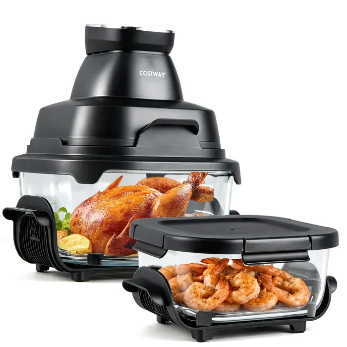 COSTWAY Friteuse sans Huile Portable 4 L ou 17 L 1 500 W avec 2 Récipients en Verre 6 Programmes Lavable au Lave-Vaisselle Noir