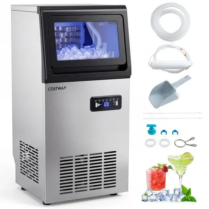 COSTWAY Machine à Glaçons professionnel 50kg/24h avec Affichage et Minuterie 36 Glaçons par 13 Min Filtre et Autonettoyant Argent