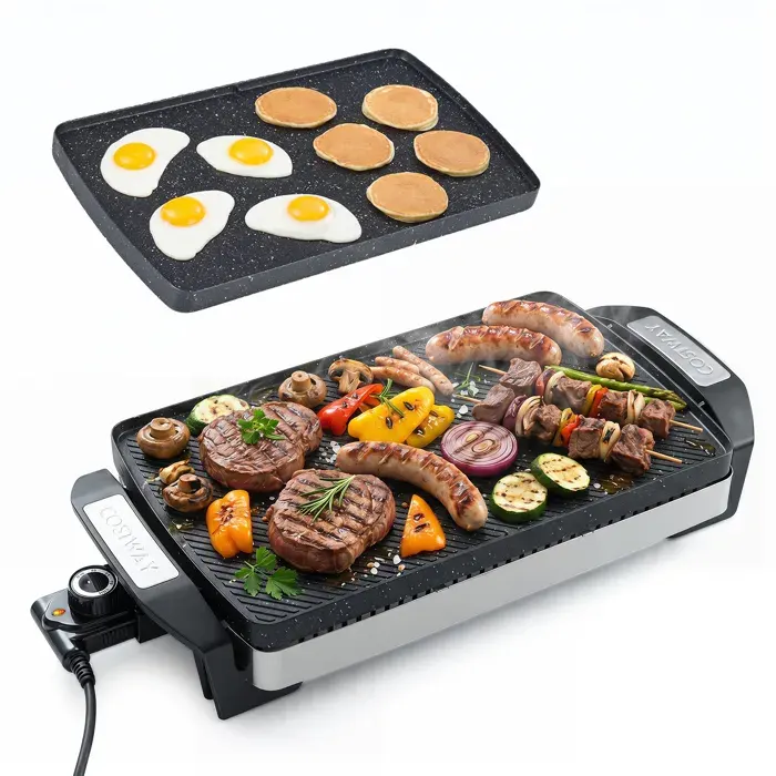 COSTWAY Plancha Électrique 1500W avec Plaque Réversible Antiadhésive Thermostat & Protection Surchauffe Pique Niques & Camping