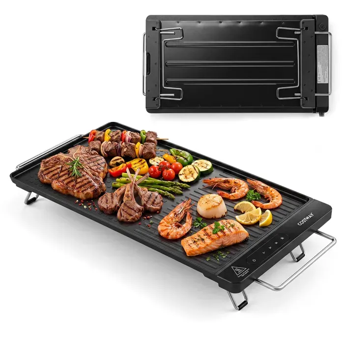 COSTWAY Plancha Electrique Antiadhésive 1800W avec Double Surface Contrôle Tactile Poignées Pieds Pliables pour Voyage Camping