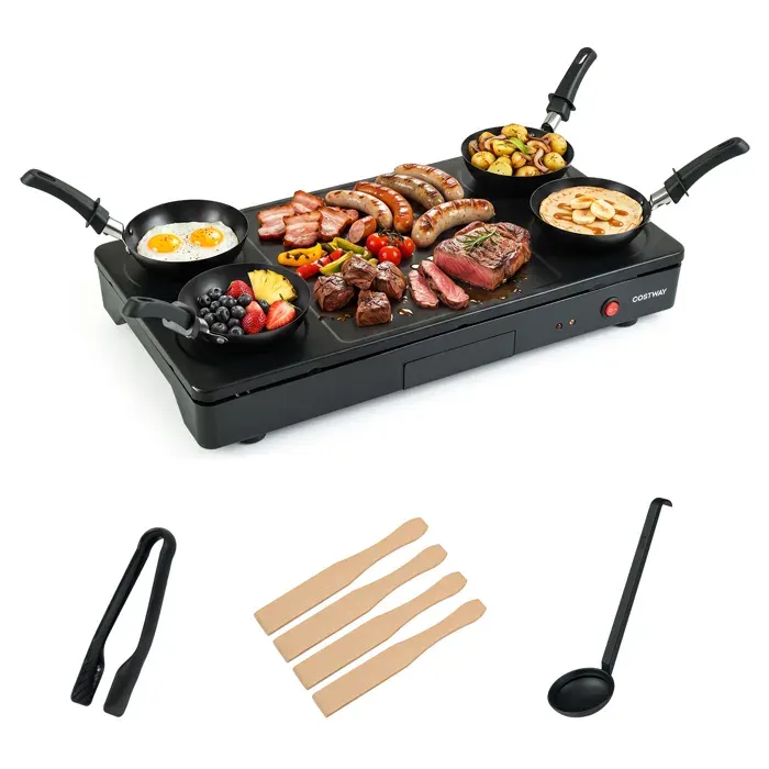 COSTWAY Plancha Électrique avec 4 Mini Woks Pince à Grill Cuillère Spatules en Bois et Bac à Graisse pour Voyage Camping