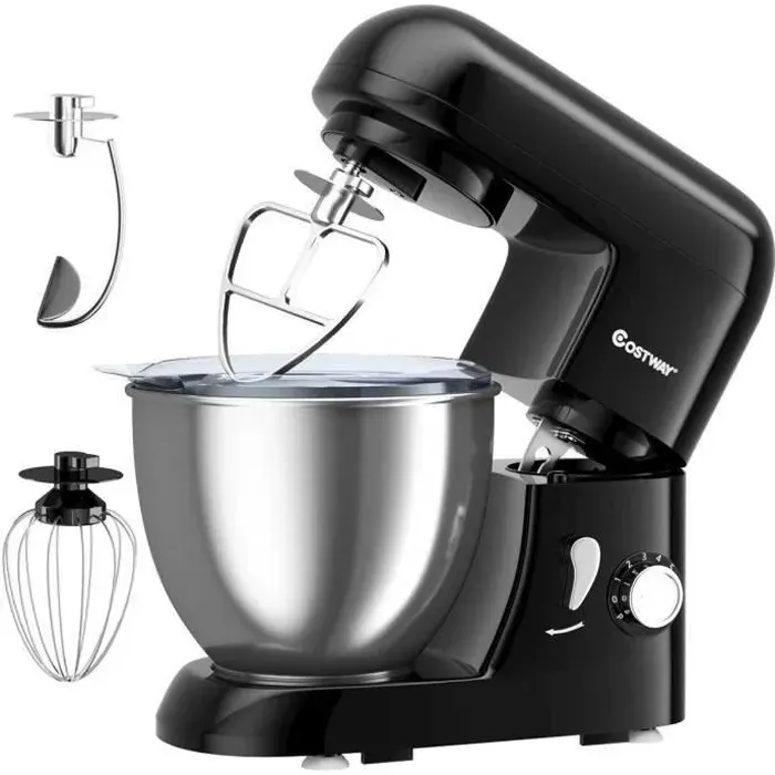 COSTWAY Robot Pâtissier Batteur Electrique avec Bol dAcier Inox 4L 1300W à 6 Vitesses Réglables avec BatteurFouetCrochet Noir