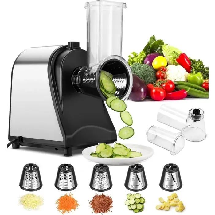 Coupe-Légumes Électrique 5 En 1 Râpe Multifonctionnelle Électrique 250W Râpe Et Hachoir Électriques Avec 5 Cônes En Acier Inoxyd