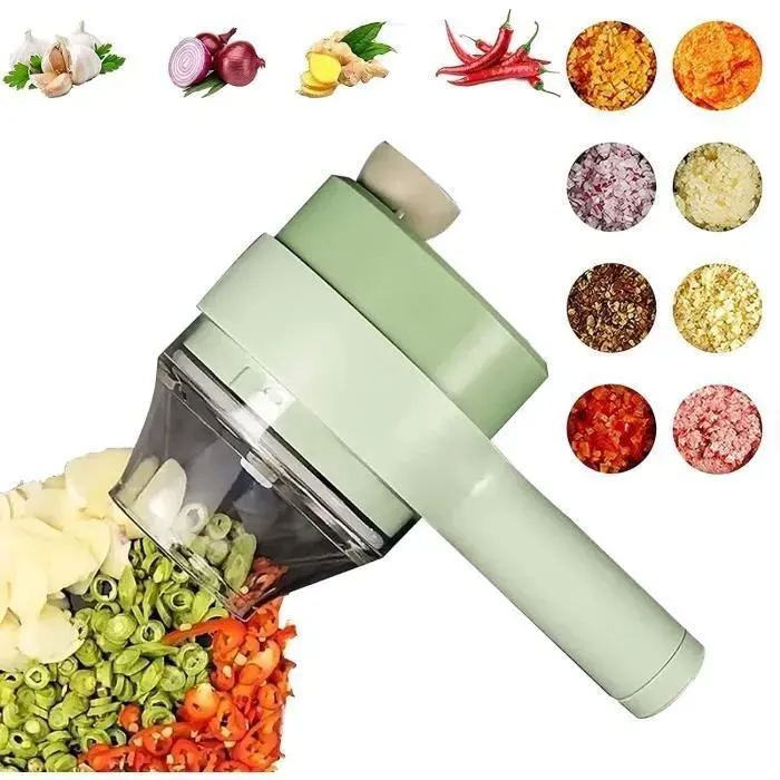 Coupe-légumes électrique portable 4 en 1 - Robot de cuisine sans fil - Coupe-oignon avec récipient et nettoyage à un bouton SPILEX