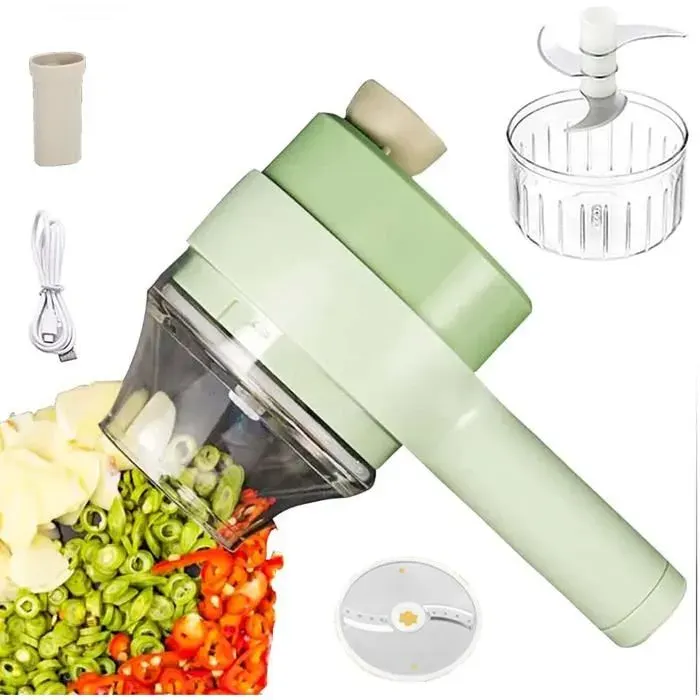 Coupe-légumes électrique portable 4 en 1 - Robot de cuisine sans fil - Coupe-oignon avec récipient et nettoyage à un bouton