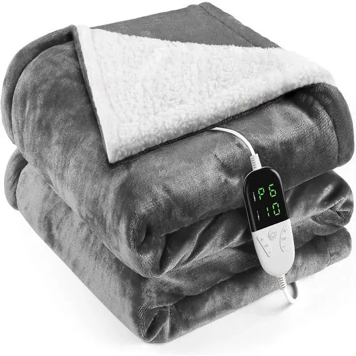 Couverture Chauffante 155x180cm - 6 Niveaux Chaleur + Minuterie 10H - Chauffage Rapide & Sécurité - Lavable Machine - Gris