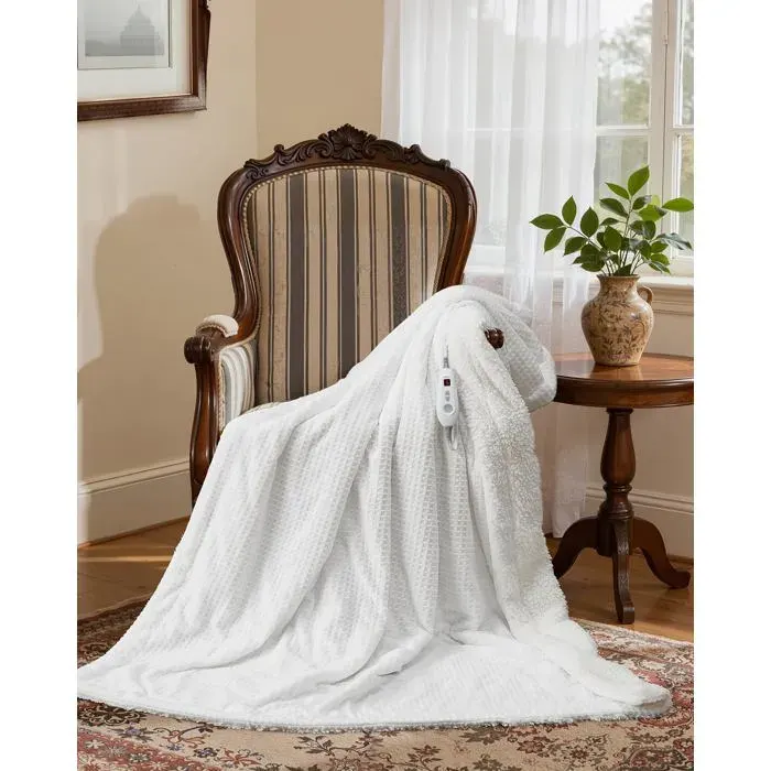 Couverture chauffante en flanelle - LUNSY - 180x130 cm - Blanc - Motif gaufré - Chauffage rapide