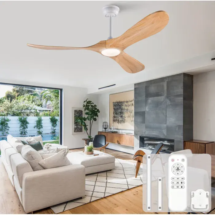 COVREO Ventilateur de plafond 132 cm avec LED intégrée 3 pales en bois télécommande 6 vitesses blanc