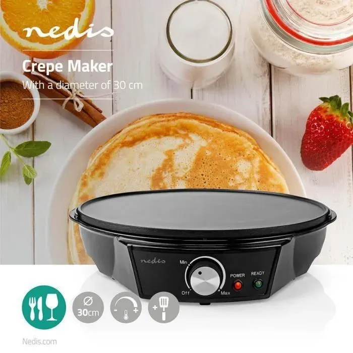 Crêpière 30 cm 1000W Revêtement antiadhésif Réglage de la température Voyant Fond antidérapant 33 cm Familiale Haute qualité