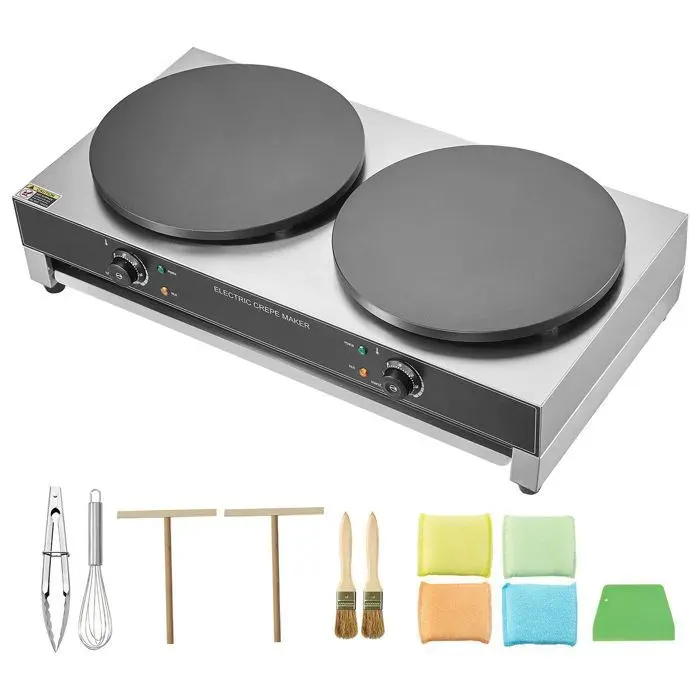 Crêpière Électrique-Duoku- Double Tête de 16 Pouces- 6000 W- Acier Inoxydable Antiadhésif- Contrôle de la Température — coloris Argent