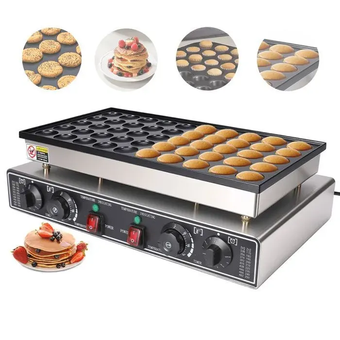 Crêpière Hollandaise 50 Trous en Acier Inoxydable 220V Thermostat Réglable de 50 à 300 °C Minuterie 5 Minutes Revêtement Antiadhésif