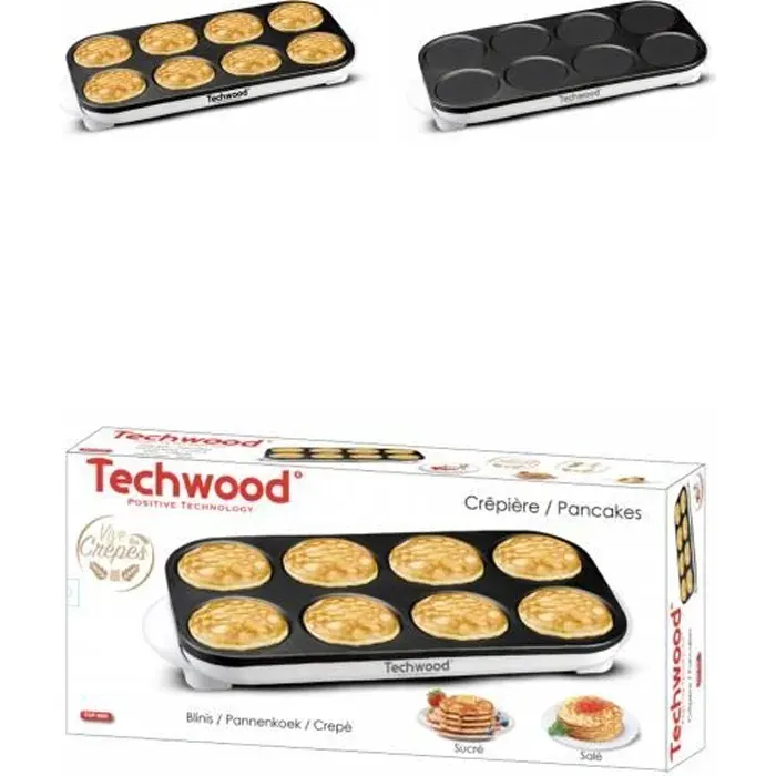 Crêpière - TECHWOOD - Mini crêpes et Pancakes - 1500W - Revêtement anti-adhésif - 8 crêpes