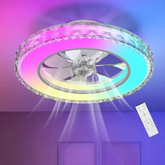 Cristal Ventilateur Plafond avec Lumiere Ø43.5 cm 3000K-4000K-6500K+RGB 6 Vitesses de Ventilation 43.5CM Blanc (3cct/Rvb)