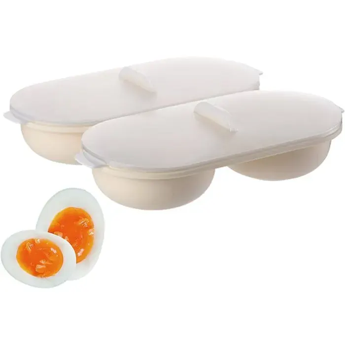 Cuiseur à Oeufs Micro-Ondes - 2 Tasses - PP Antiadhésif - Cuisson Vapeur Saine - Petit-Déjeuner Rapide - Blanc Crème ABRIBUS