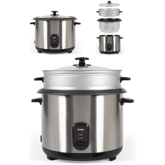 Cuiseur à Riz 2.8L 1000W INOX + Panier vapeur Revêtement antiadhésif Bol amovible Arrêt automatique