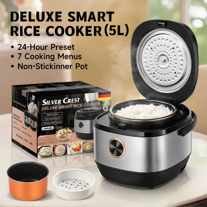 Cuiseur à Riz 5L 900W/220V 9 Fonctions de Cuisson Pot intérieur antiadhésif acile à Nettoyer Fonction CUISEUR A RIZ ELECTRIQUE