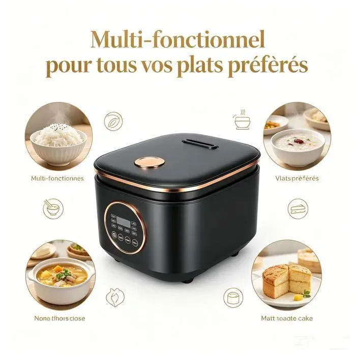 Cuiseur à riz 5L 900W 220V– Minuterie - Revêtement antiadhésif céramique 9 programmes (riz blanc complet porridge soupe…)