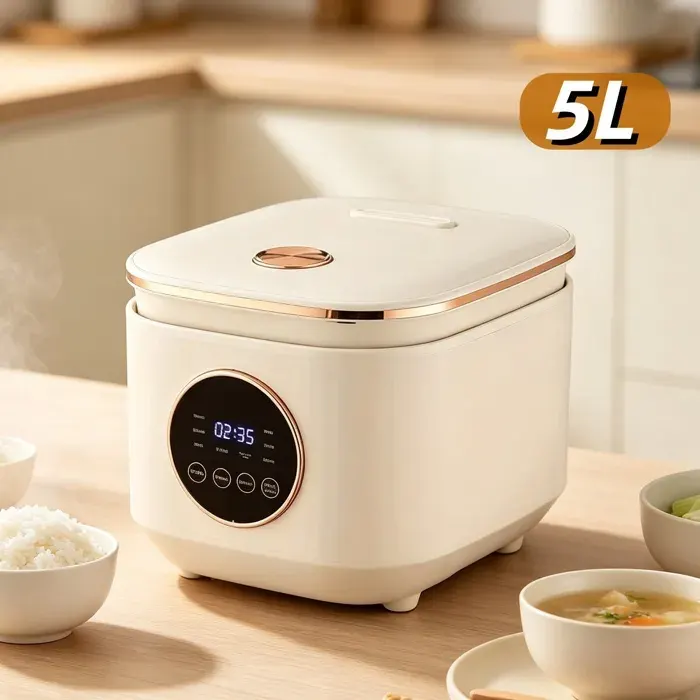 Cuiseur à riz 5L - 900W - Multifonction - 9 programmes de cuisson - Cuve Amovible Antiadhésive - Maintien au chaud - Blanc